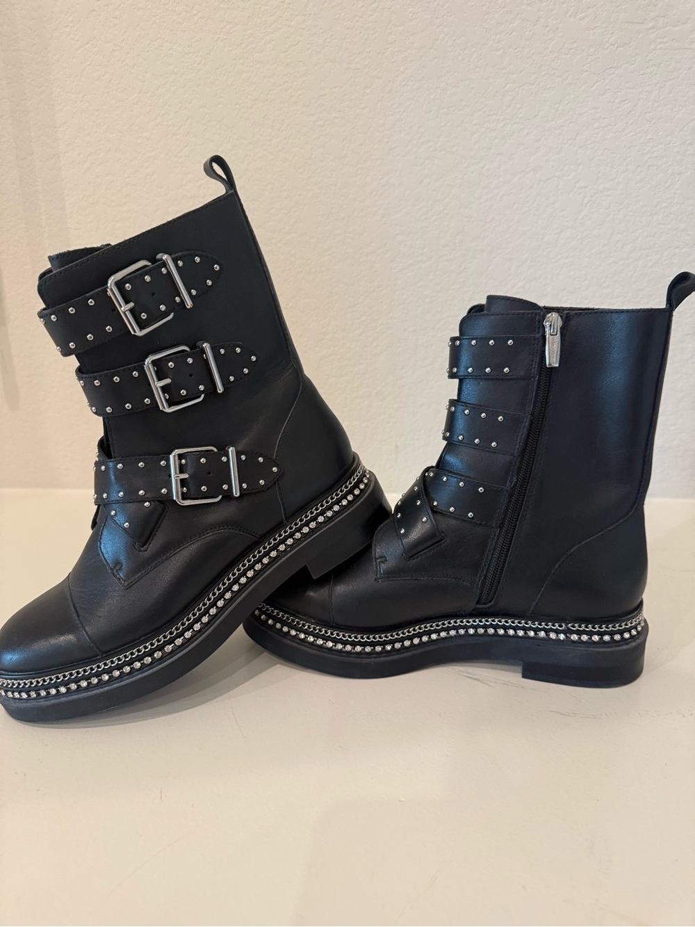 Vince Camuto Bobette 3-Strap Black Leather Combat Boots